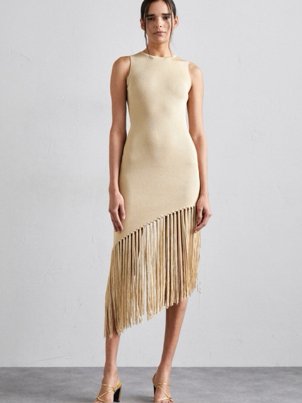 Sandro Beige Knit Asymmetric Fringe Midi Dress Size 36